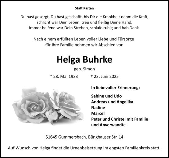 Anzeige von Helga Buhrke von  Anzeigen Echo 