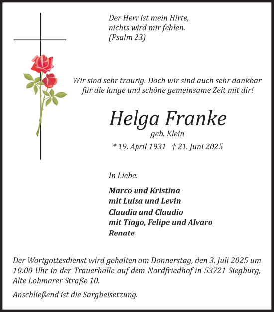 Anzeige von Helga Franke von Kölner Stadt-Anzeiger / Kölnische Rundschau / Express