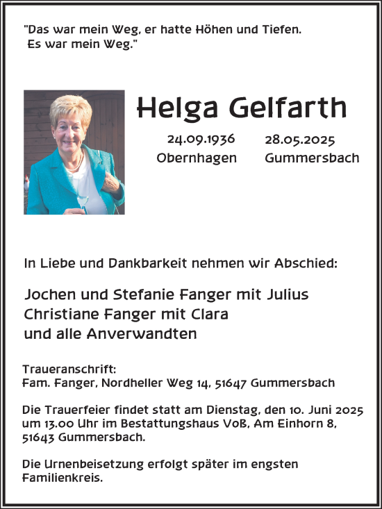 Anzeige von Helga Gelfarth von Kölner Stadt-Anzeiger / Kölnische Rundschau / Express
