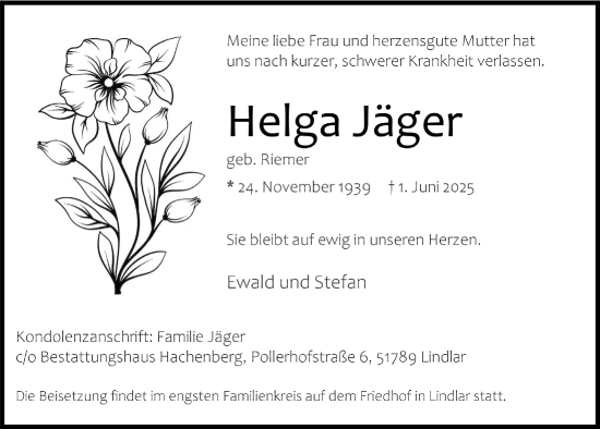 Anzeige von Helga Jäger von  Anzeigen Echo 