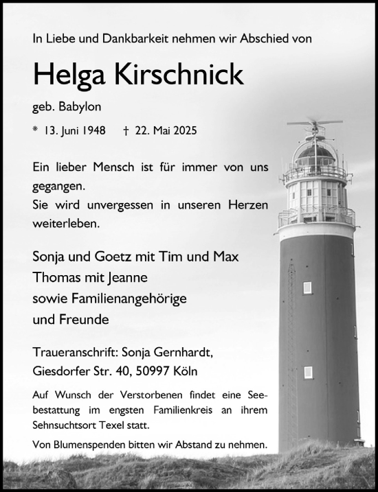 Anzeige von Helga Kirschnick von  Anzeigen Echo 