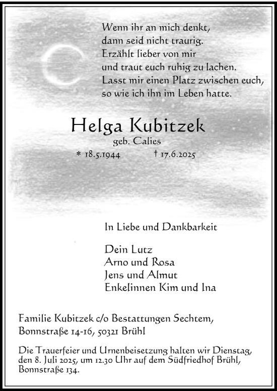 Anzeige von Helga Kubitzek von  Schlossbote/Werbekurier 