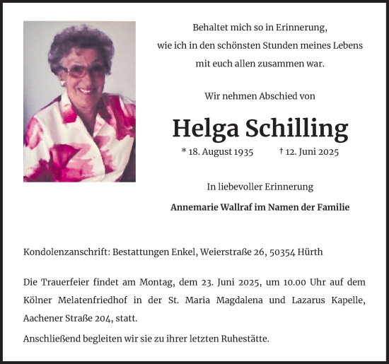 Anzeige von Helga Schilling von Kölner Stadt-Anzeiger / Kölnische Rundschau / Express