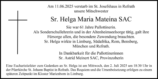 Anzeige von Helga Maria Mateina von  Bergisches Handelsblatt 