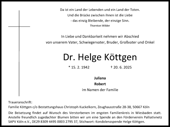 Anzeige von Helge Köttgen von Kölner Stadt-Anzeiger / Kölnische Rundschau / Express