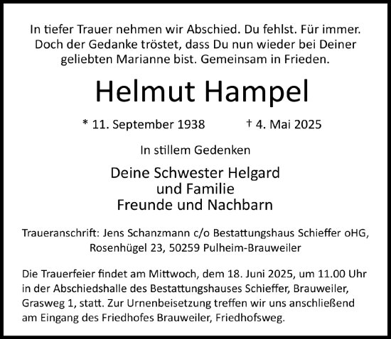 Anzeige von Helmut Hampel von  Wochenende 