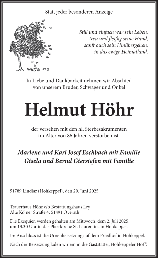Anzeige von Helmut Höhr von  Anzeigen Echo 