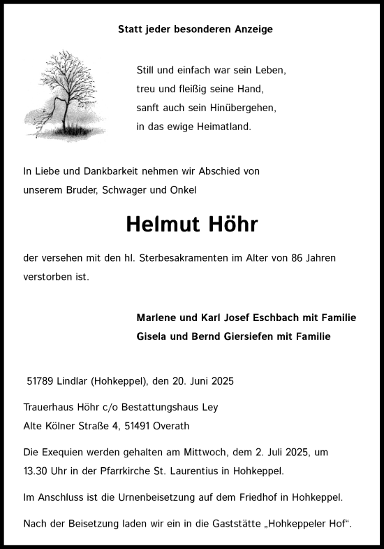 Anzeige von Helmut Höhr von Kölner Stadt-Anzeiger / Kölnische Rundschau / Express