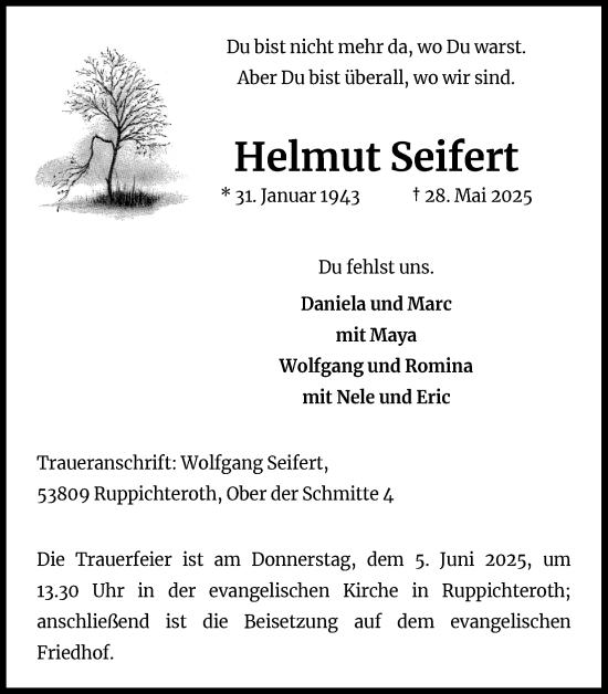 Anzeige von Helmut Seifert von Kölner Stadt-Anzeiger / Kölnische Rundschau / Express