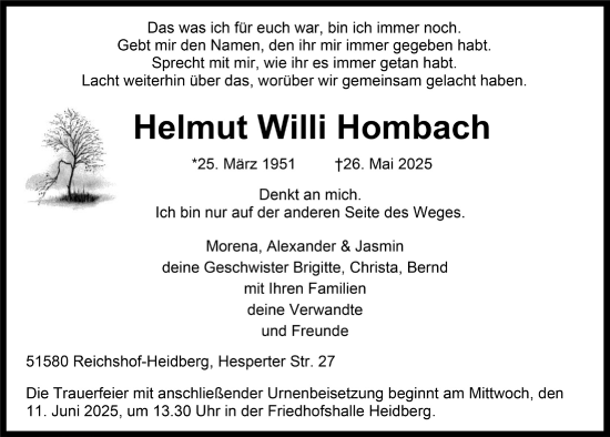 Anzeige von Helmut Willi Hombach von  Lokalanzeiger 