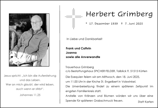 Anzeige von Herbert Grimberg von Kölner Stadt-Anzeiger / Kölnische Rundschau / Express