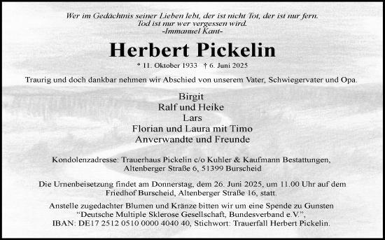 Anzeige von Herbert Pickelin von Kölner Stadt-Anzeiger / Kölnische Rundschau / Express