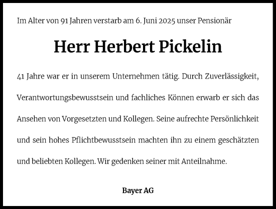Anzeige von Herbert Pickelin von Kölner Stadt-Anzeiger / Kölnische Rundschau / Express