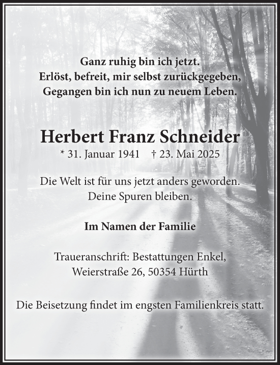 Anzeige von Herbert Franz Schneider von  Wochenende 