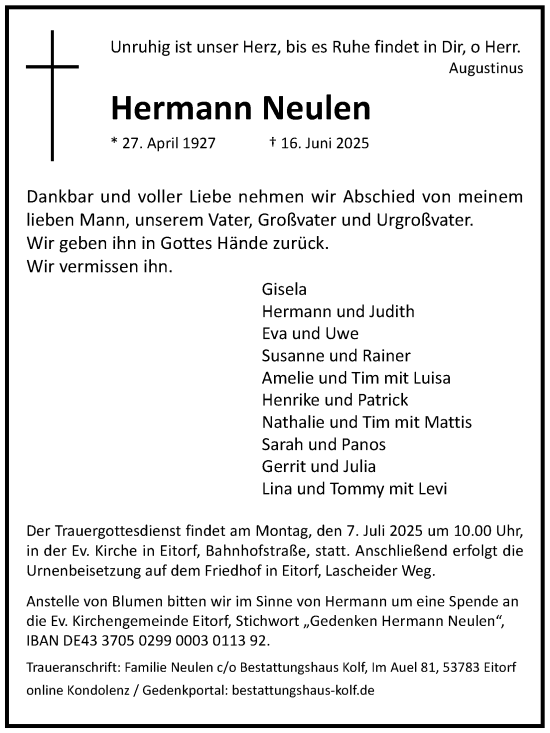 Anzeige von Hermann Neulen von Kölner Stadt-Anzeiger / Kölnische Rundschau / Express