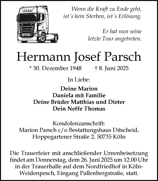 Anzeige von Hermann Josef Parsch von Kölner Stadt-Anzeiger / Kölnische Rundschau / Express