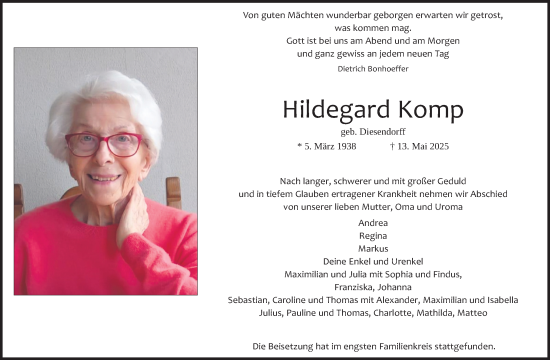 Anzeige von Hildegard Komp von Kölner Stadt-Anzeiger / Kölnische Rundschau / Express