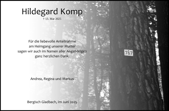 Anzeige von Hildegard Komp von Kölner Stadt-Anzeiger / Kölnische Rundschau / Express