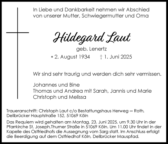 Anzeige von Hildegard Launt von Kölner Stadt-Anzeiger / Kölnische Rundschau / Express