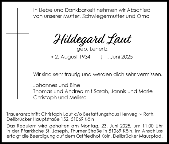 Anzeige von Hildegard Laut von Kölner Stadt-Anzeiger / Kölnische Rundschau / Express