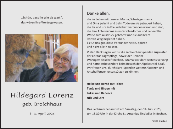 Anzeige von Hildegard Lorenz von Kölner Stadt-Anzeiger / Kölnische Rundschau / Express