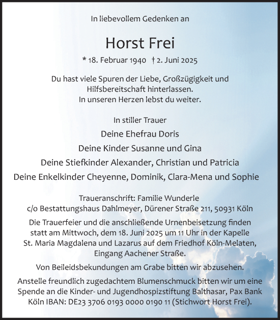 Anzeige von Horst Frei von Kölner Stadt-Anzeiger / Kölnische Rundschau / Express