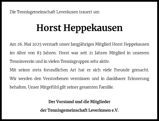Anzeige von Horst Heppekausen von Kölner Stadt-Anzeiger / Kölnische Rundschau / Express