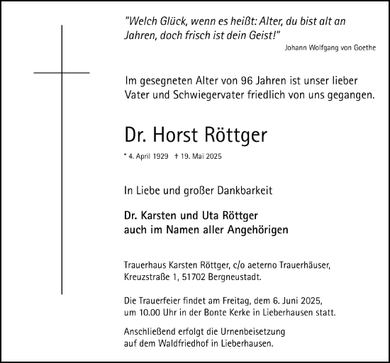 Anzeige von Horst Röttger von  Anzeigen Echo 