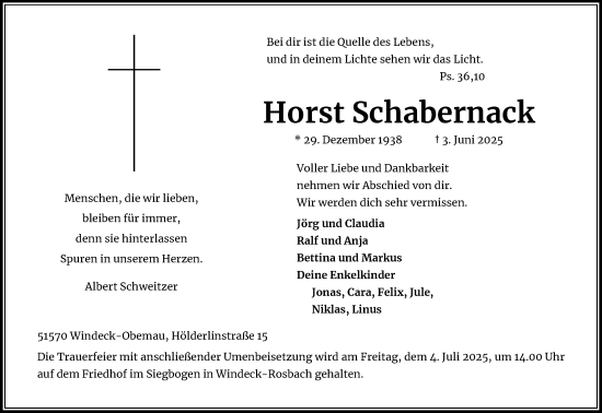 Anzeige von Horst Schabernack von Kölner Stadt-Anzeiger / Kölnische Rundschau / Express
