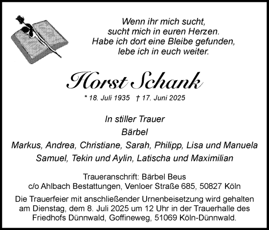 Anzeige von Horst Schank von Kölner Stadt-Anzeiger / Kölnische Rundschau / Express