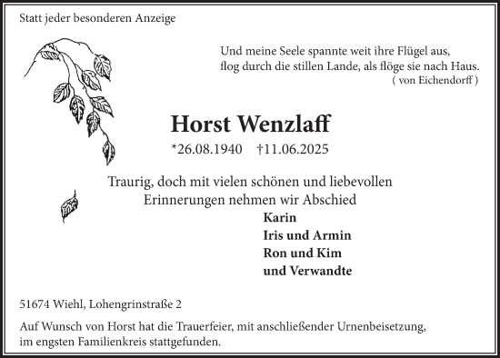 Anzeige von Horst Wenzlaff von  Anzeigen Echo 