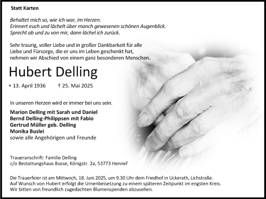 Anzeige von Hubert Delling von Kölner Stadt-Anzeiger / Kölnische Rundschau / Express