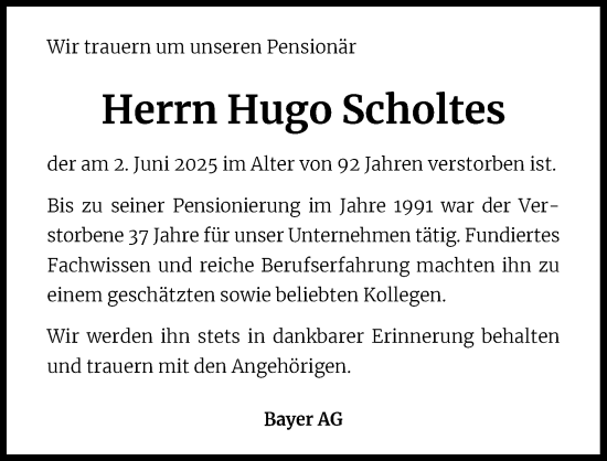 Anzeige von Hugo Scholtes von Kölner Stadt-Anzeiger / Kölnische Rundschau / Express