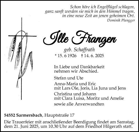 Anzeige von Ille Frangen von Kölner Stadt-Anzeiger / Kölnische Rundschau / Express