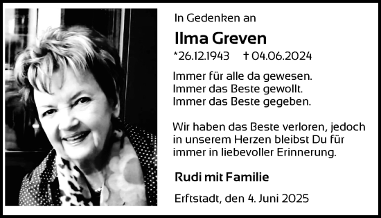Anzeige von Ilma Greven von Kölner Stadt-Anzeiger / Kölnische Rundschau / Express