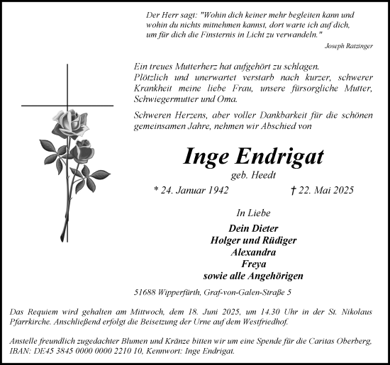 Anzeige von Inge Endrigat von Kölner Stadt-Anzeiger / Kölnische Rundschau / Express