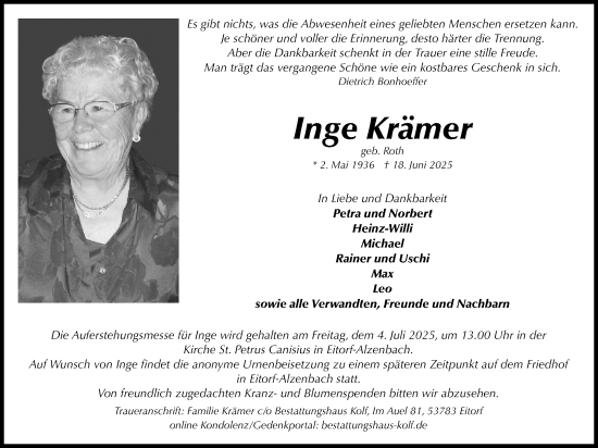 Anzeige von Inge Krämer von Kölner Stadt-Anzeiger / Kölnische Rundschau / Express