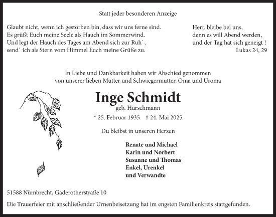 Anzeige von Inge Schmidt von  Lokalanzeiger 