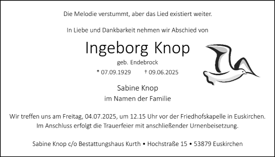 Anzeige von Ingeborg Knop von  Blickpunkt Euskirchen 