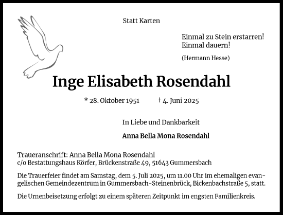 Anzeige von Inge Elisabeth Rosendahl von Kölner Stadt-Anzeiger / Kölnische Rundschau / Express