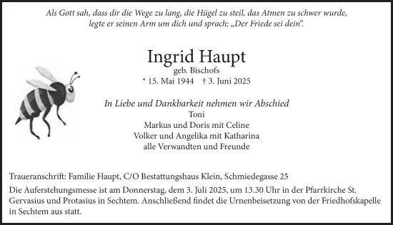 Anzeige von Ingrid Haupt von  Schaufenster/Blickpunkt 