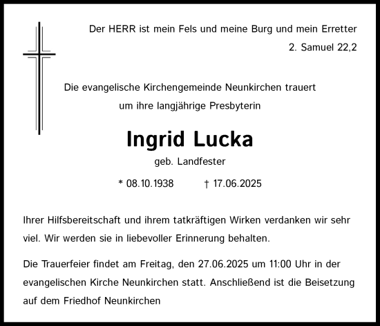 Anzeige von Ingrid Lucka von Kölner Stadt-Anzeiger / Kölnische Rundschau / Express