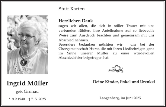 Anzeige von Ingrid Müller von  Lokalanzeiger 
