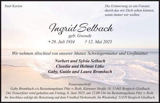 Anzeige von Ingrid Selbach von  Bergisches Handelsblatt 