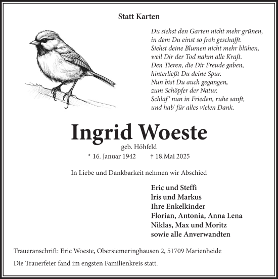 Anzeige von Ingrid Woeste von  Anzeigen Echo 