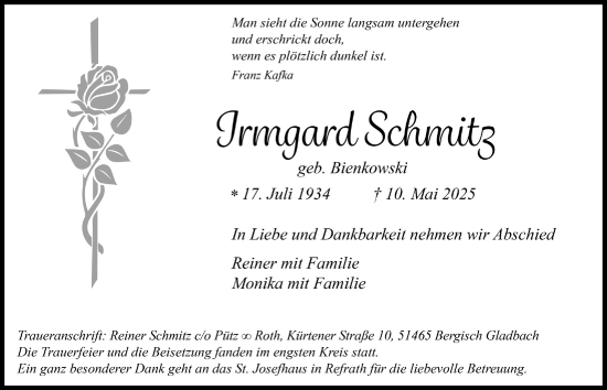 Anzeige von Irmgard Schmitz von  Bergisches Handelsblatt 