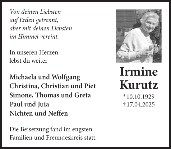 Anzeige von Irmine Kurutz von  Bergisches Handelsblatt 