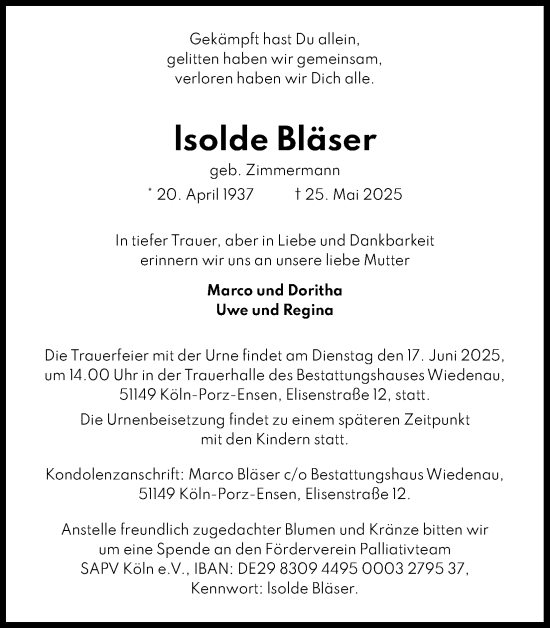 Anzeige von Isolde Bläser von Kölner Stadt-Anzeiger / Kölnische Rundschau / Express