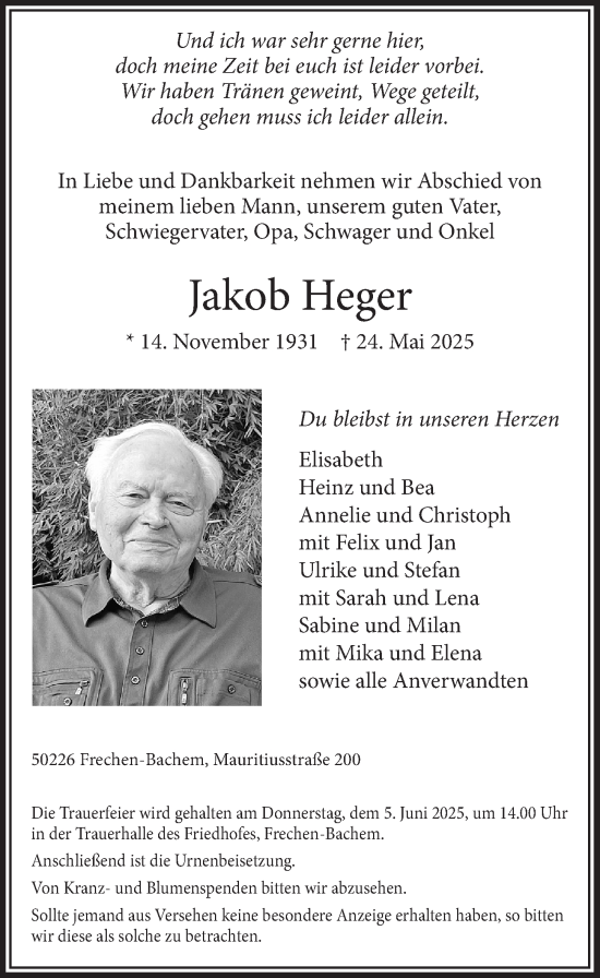 Anzeige von Jakob Heger von  Wochenende 