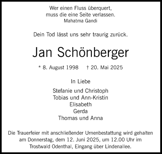 Anzeige von Jan Schönberger von Kölner Stadt-Anzeiger / Kölnische Rundschau / Express